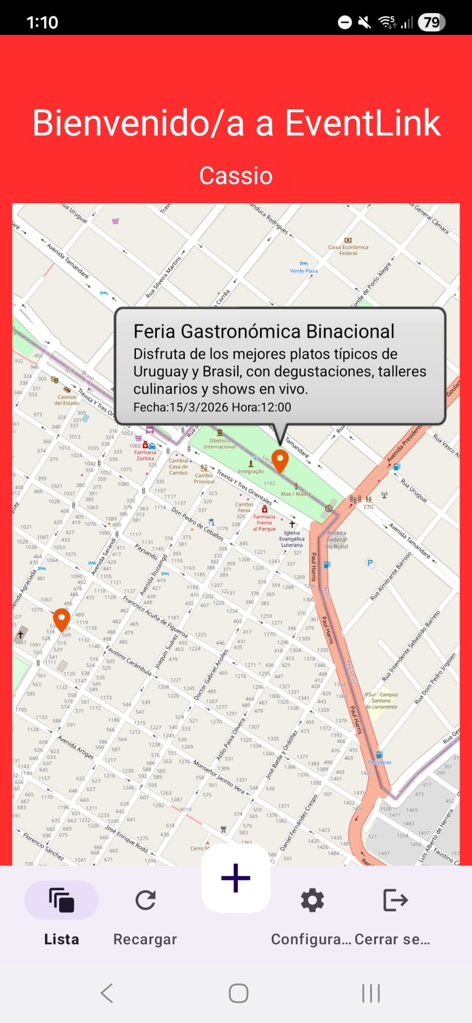 Pantalla principal con mapa de eventos