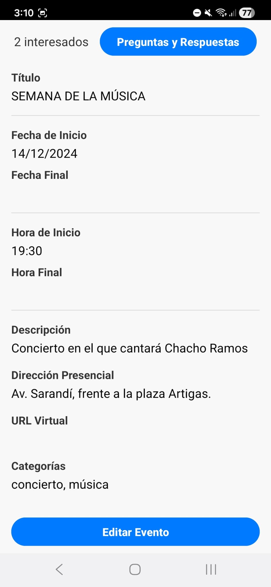 Visualización de evento propio