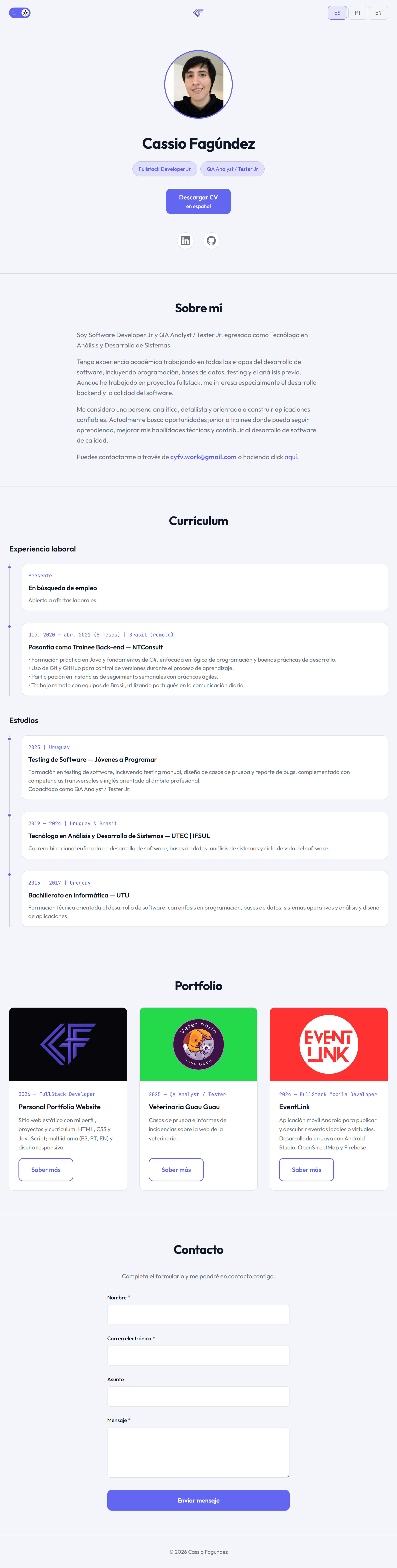 Página principal con tema claro e idioma español