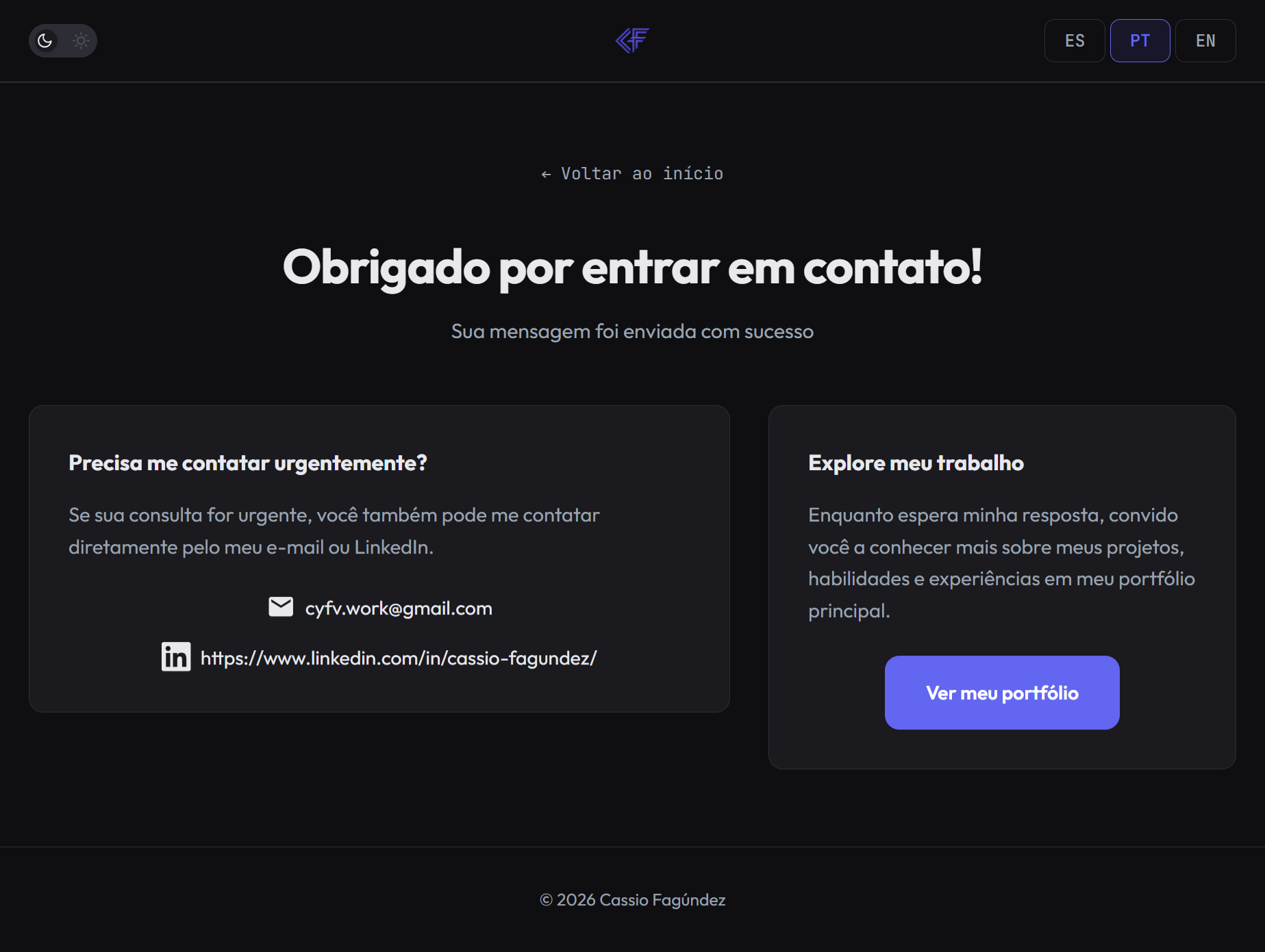Página de contacto exitoso en tema oscuro e idioma portugués