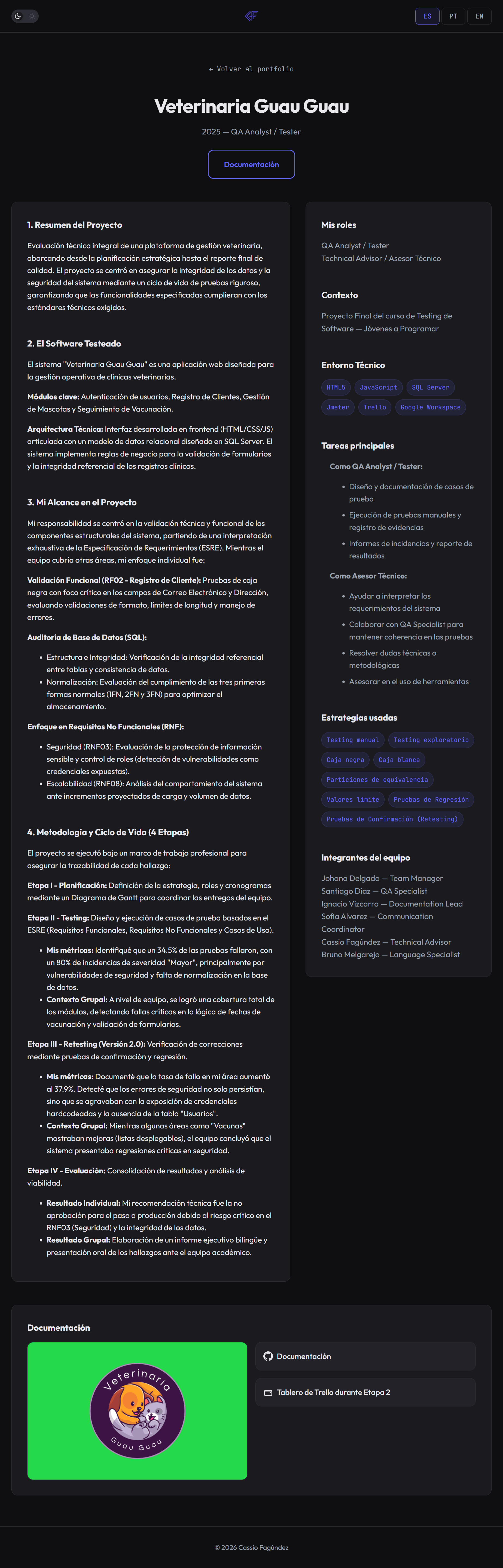 Página de proyecto de testing en tema oscuro e idioma español